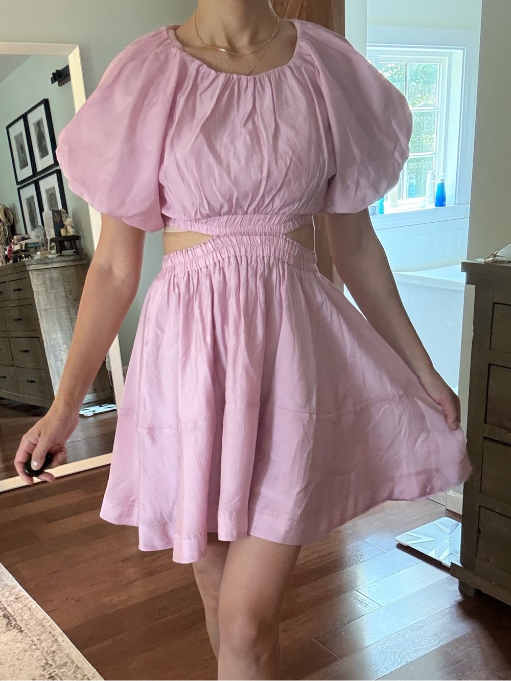 Pink Puff-Sleeve Mini Dress with Cutout Waist